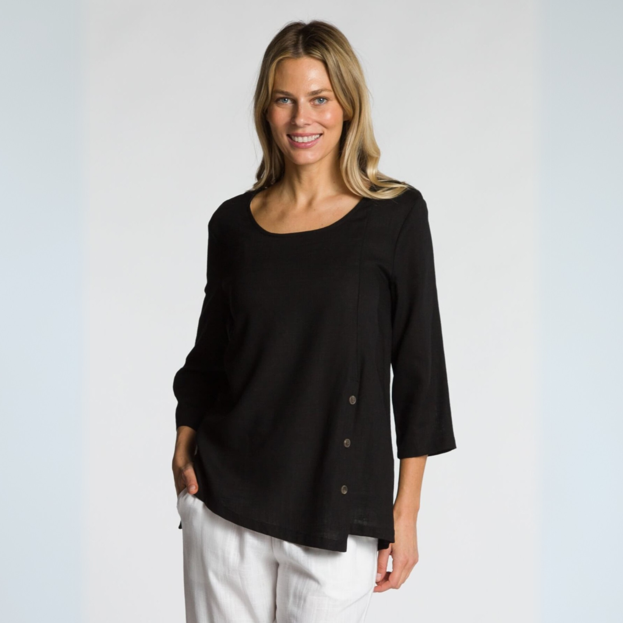 3/4 Sleeve Scoop Neck Top with Buttons