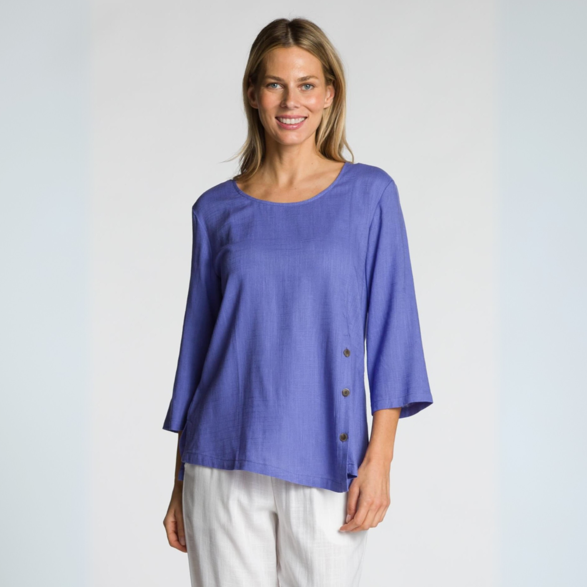3/4 Sleeve Scoop Neck Top with Buttons