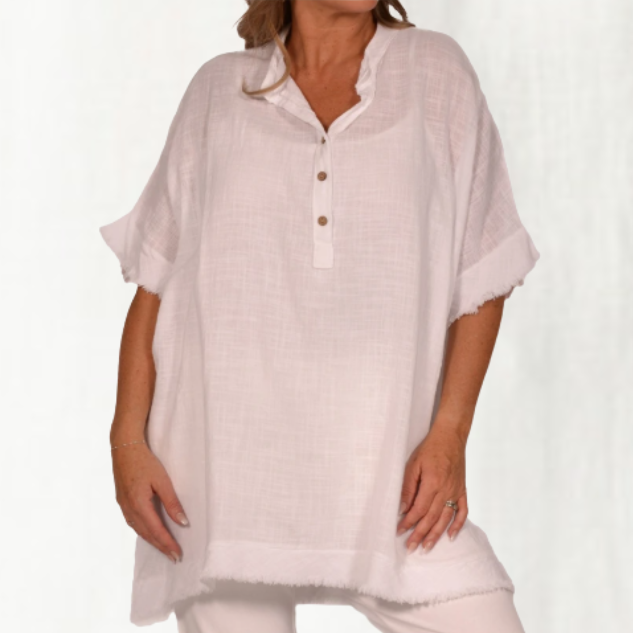Frayed Linen Blend Tunic Dress