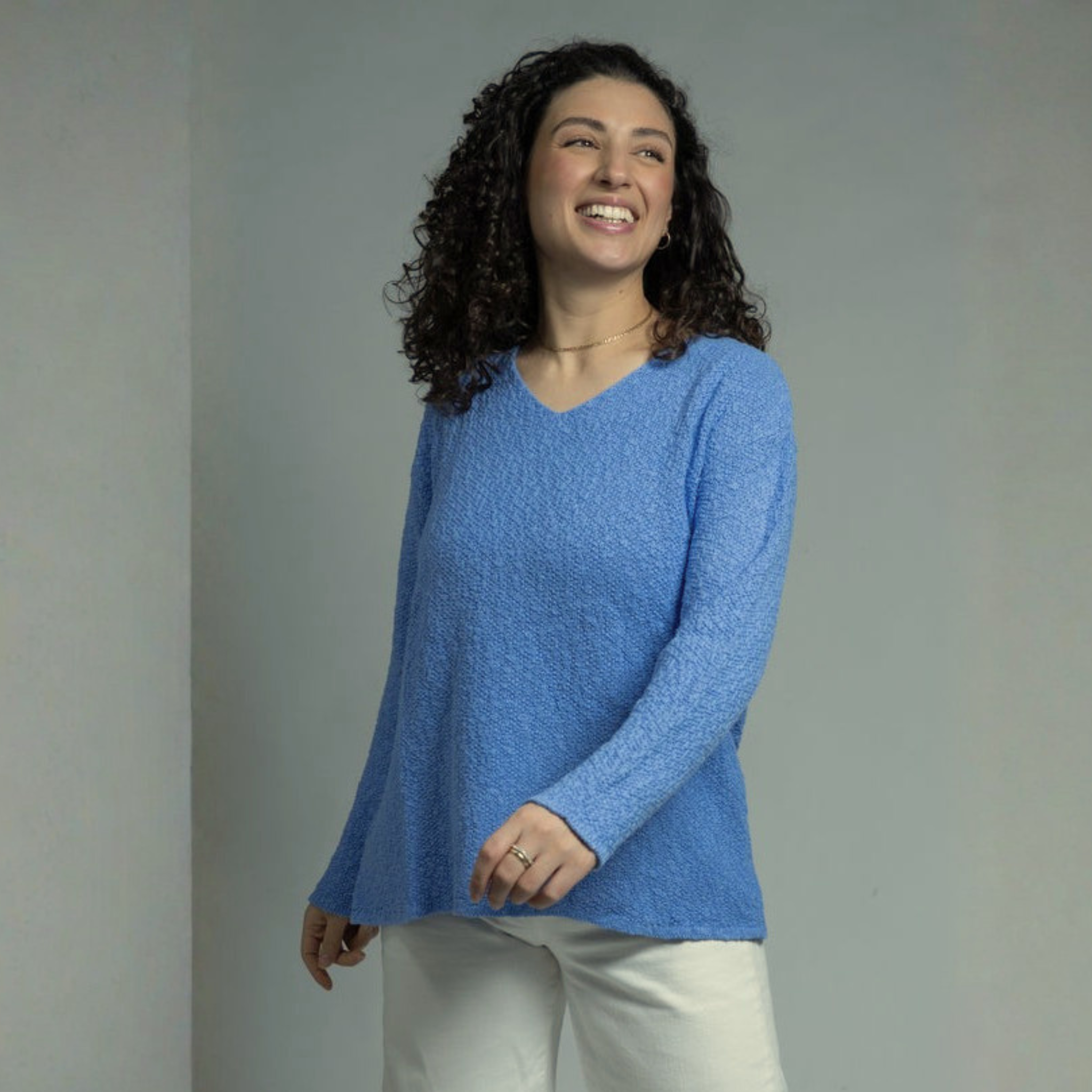 Cotton V-Neck Scramble Stitch Sweater