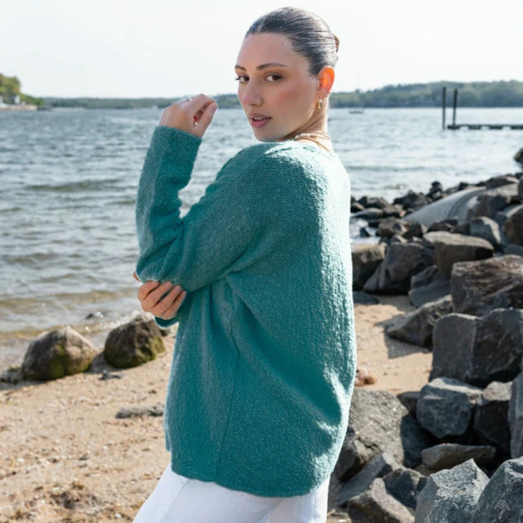 Cotton V-Neck Scramble Stitch Sweater
