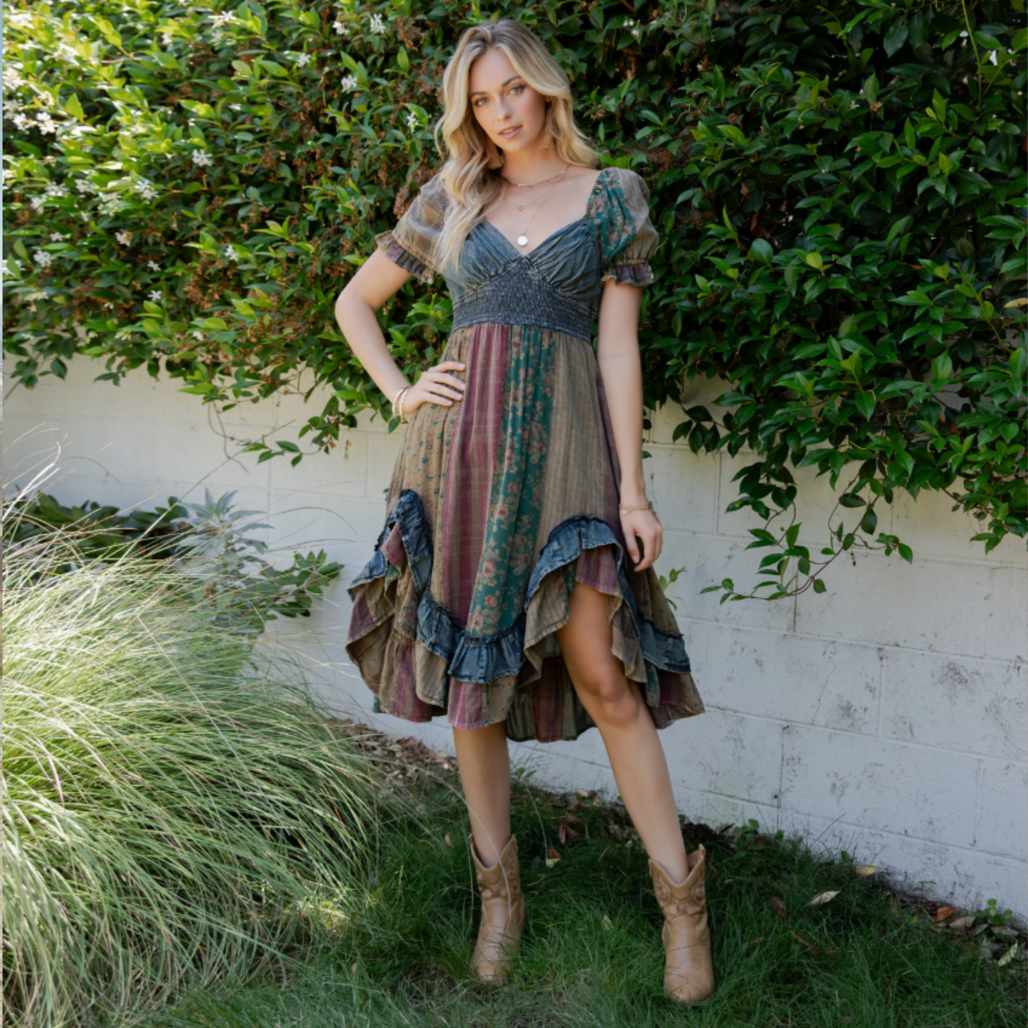 Ruffled Denim Asymmetrical Dress